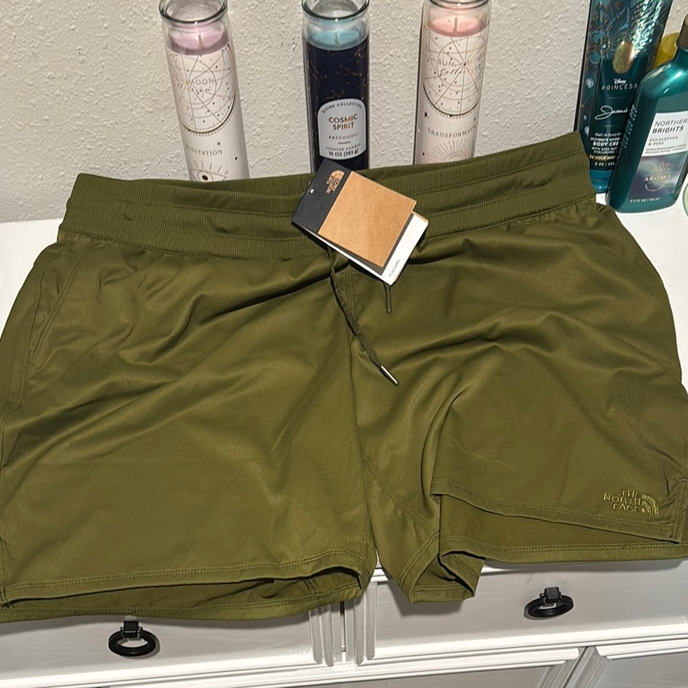 The North Face Green Athletic Shorts with Ruched Waistband and zip pocket